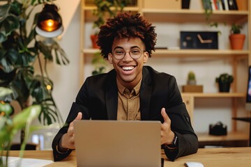 Aufkleber - Young entrepreneur smiling while using laptop in modern office