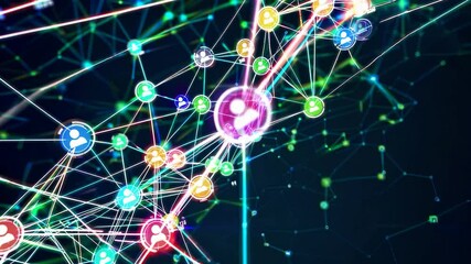 Poster - Colorful user icons are interconnected within a vibrant network, symbolizing global communication, social media connections, and the power of digital technology in bringing people together