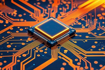 Leinwandbilder - Innovative Circuit Technology Background with Cutting-edge Quantum Dynamics and Bright Orange Texture