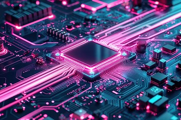 Poster - Futuristic Circuit Board Background with Vibrant Pink Patterns and Quantum Technology Artwork