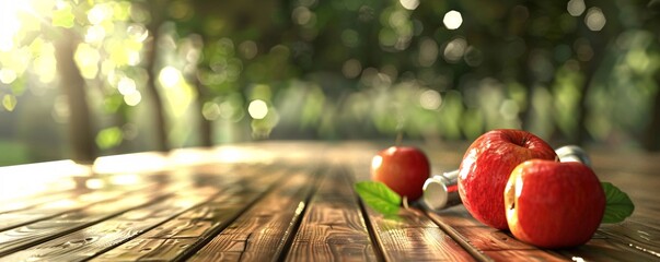 Aufkleber - Rustic wooden table in an orchard with three ripe red apples and green leaves, illuminated by warm sunlight