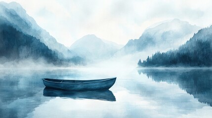 Poster - Serene watercolor illustration of a rowboat on a calm mountain lake with a blank sky perfect for text. Generative AI