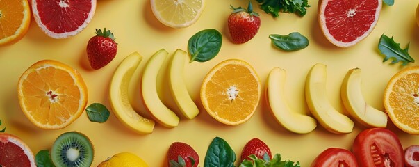 Poster - Vibrant arrangement of fresh fruit creating a healthy border on a yellow background