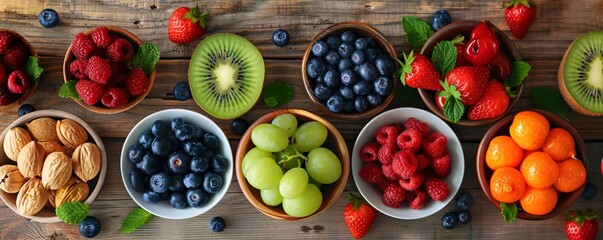 Poster - Healthy assortment of colorful fresh fruits and almonds in bowls, on a rustic wooden background, shot from above
