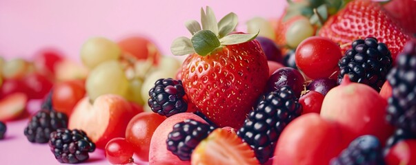 Poster - Vibrant ripe fruits forming a colorful arrangement against a pink backdrop