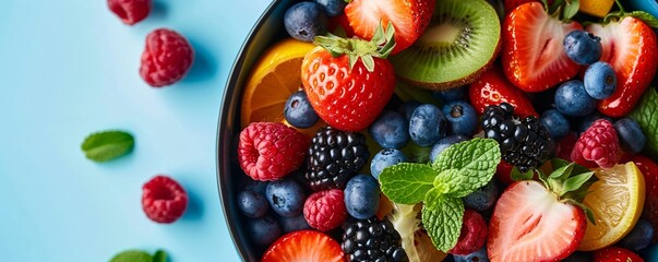 Poster - Overflowing with vitamins: a vibrant bowl of fresh fruit on a blue background