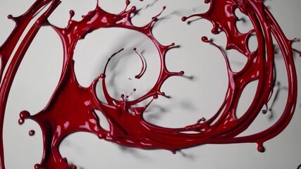Poster - Vibrant stream of red liquid dynamically splashes, creating a captivating abstract form against a neutral background, with droplets scattering and adding to the sense of motion and energy