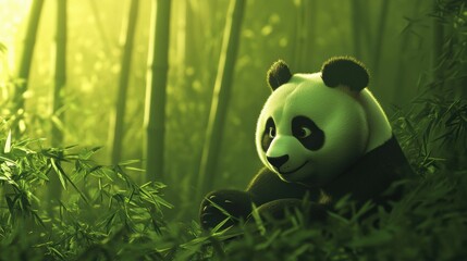 Fototapete - Panda resting amidst bamboo in a lush green forest, inviting calm and tranquility for nature lovers and wildlife enthusiasts. Generative AI