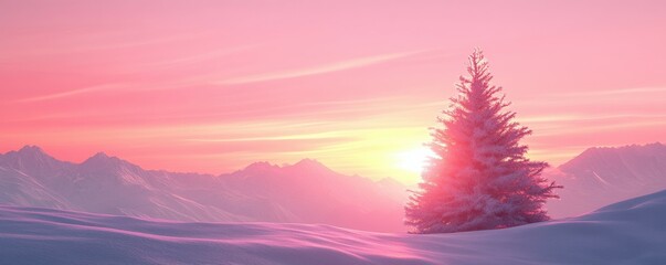 Canvas Print - Serene winter landscape with snowy pine tree at sunset in pink sky