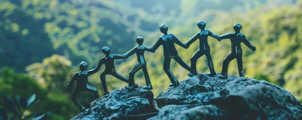 Poster - Figurines join hands and conquer a mountain as a symbol of unity and teamwork