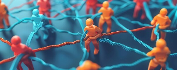 Poster - People figurines pulling ropes showing a complex network of connections