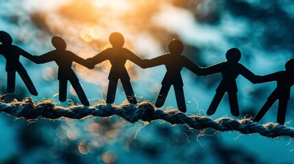 Poster - Paper chain people holding hands balancing on a rope at sunset, symbolizing teamwork and unity