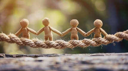 Poster - Four figurines are holding hands while balancing on a rope outdoors
