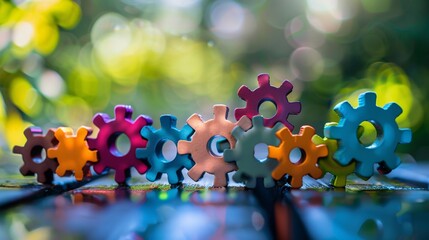 Poster - Line of vibrant gears is arranged on a mirrored surface, symbolizing the idea of collaboration