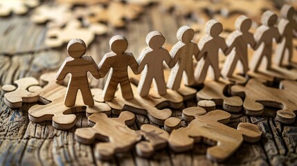Poster - Wooden figurines stand hand in hand on puzzle pieces against a wooden backdrop