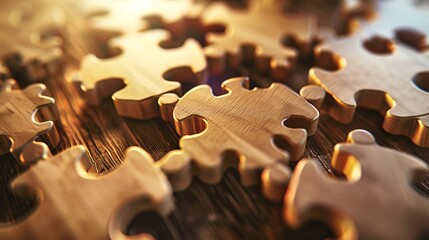 Poster - Teamwork and problem solving represented by assembling a wooden puzzle on a table