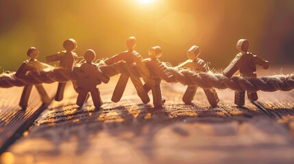 Poster - Wooden figures holding a rope in unison, symbolizing teamwork and cooperation