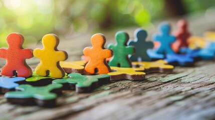Poster - Vibrant human-shaped puzzle pieces displayed on weathered wood against a lush green bokeh backdrop