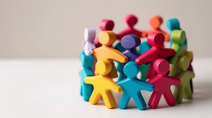 Poster - Colorful wooden figures are joining hands in a circle, symbolizing teamwork and diversity