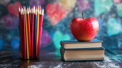 Poster - Art supplies and a red apple in front of a colorful chalkboard: a back-to-school concept