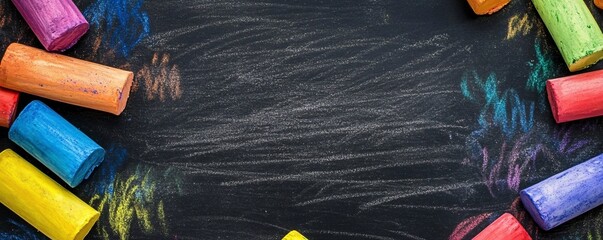 Aufkleber - Vibrant chalk pieces are surrounding a blank blackboard with scribbles