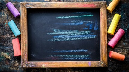 Poster - Antique chalkboard displays vibrant chalk markings from past illustrations and words