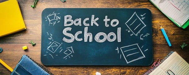 Poster - Back to school theme with a blackboard and school supplies arranged on a wooden desk