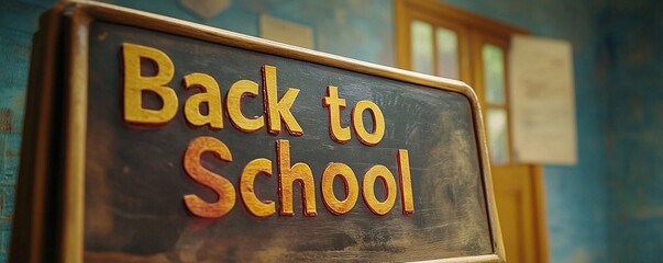 Poster - Back to school: a classroom blackboard displays a sign welcoming the new academic year