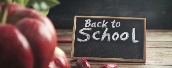 Aufkleber - Back to school sign resting on a desk with apples, prepared for the upcoming school year