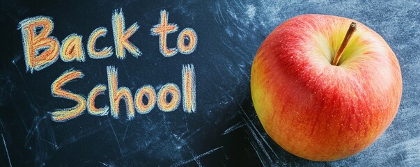 Aufkleber - Red apple rests on a blackboard with the phrase back to school written in chalk