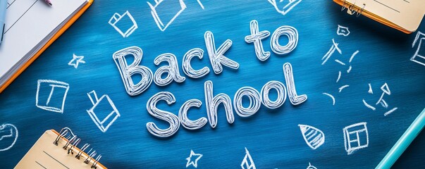 Poster - White yarn back to school sign on blue chalkboard with school supplies around it