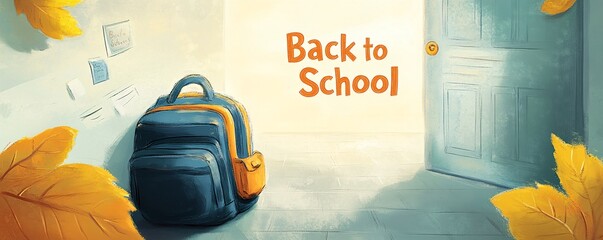 Poster - Backpack standing near the open door, back to school after summer holidays concept