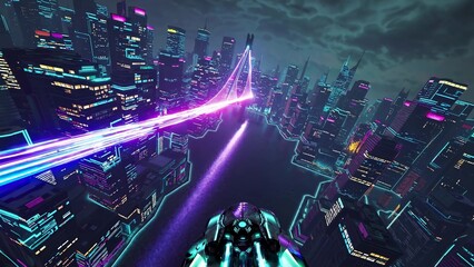Poster - Futuristic spaceship is flying at high speed over a cyberpunk metropolis with neon lights and illuminated skyscrapers at night, leaving a light trail