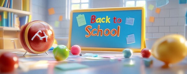Poster - Vibrant 3d rendering of a classroom prepared for the start of the new school year