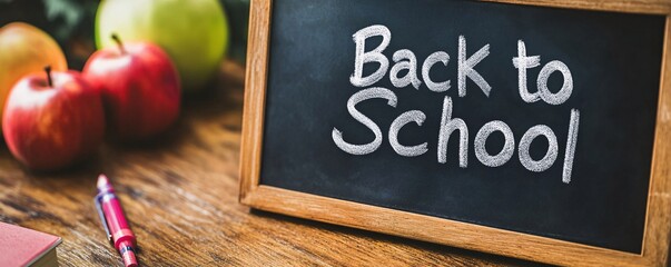 Poster - Back to school sign on blackboard surrounded by apples and school supplies on desk