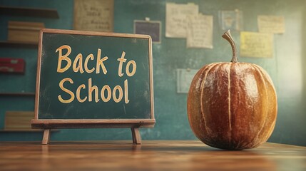 Poster - Pumpkin placed on a desk in a classroom with a back to school sign shown on a blackboard in the background