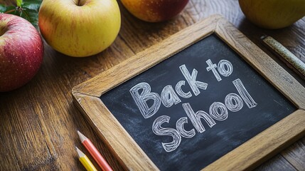 Aufkleber - Back to school concept with a blackboard saying back to school surrounded by apples and pencils on a wooden desk