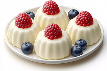 Wall Mural - Creamy desserts topped with raspberries, surrounded by fresh blueberries on a white plate.