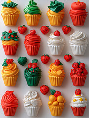 Poster - Colorful cupcakes with various frostings and strawberry decorations, arranged neatly on a light background.