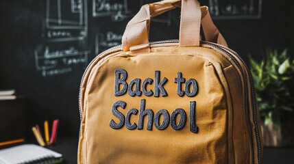 Poster - Bright yellow backpack with back to school sign placed on a classroom desk