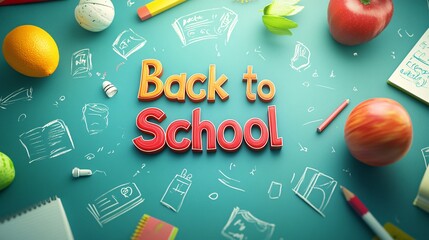 Poster - 3d render of a back to school sign surrounded by school supplies