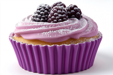 Canvas Print - Close-up of a cupcake with pink frosting, blackberries, and powdered sugar in a purple silicone cup.