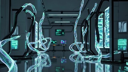 Poster - glowing digital cables transferring data between servers in a futuristic server room, highlighting a