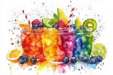 Canvas Print - Watercolor painting of colorful fruit smoothies in mason jars, adorned with fruit slices and berries.