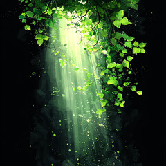 Wall Mural - Sunlight streams through lush, green leaves against a dark backdrop, creating an ethereal, magical forest ambiance.