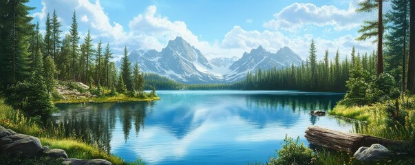 Wall Mural - Serene mountain lake with lush pine forest and clear blue sky