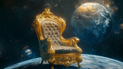 Ornate gold chair on blue planet, cosmic throne, space fantasy, celestial portrait. Ornate Celestial Thrones. Illustration