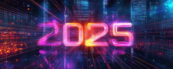 Poster - Futuristic 2025 neon sign with digital background and light rays
