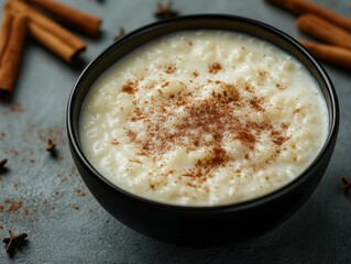 Wall Mural - Bowl of creamy rice pudding with a sprinkle of cinnamon. Emphasizing the comfort and sweetness of the dessert. Ideal for food blogs and dessert recipes.