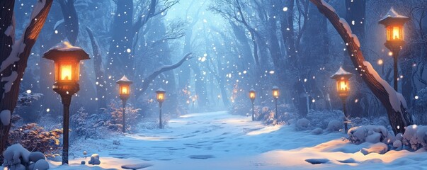 Canvas Print - Serene snowy forest path lined with glowing lanterns at dusk